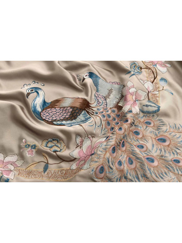 QYHL225CA Silver Beach Embroidered Colorful Peacock Faux Silk Pleated Ready Made Curtains