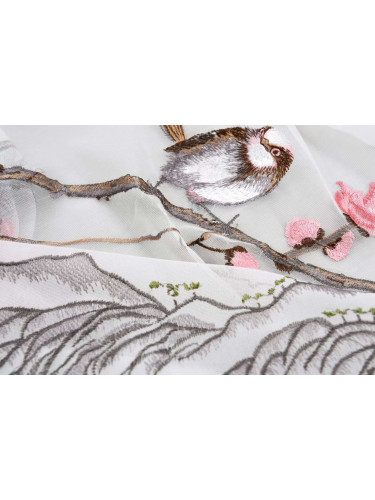 QYHL225D Silver Beach Embroidered Birds On The Branch Faux Silk Custom Made Curtains