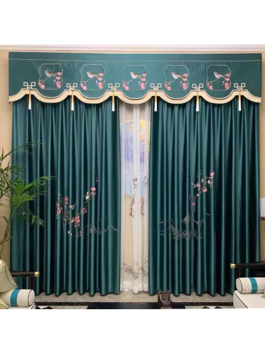 QYHL225DA Silver Beach Embroidered Birds On The Branch Faux Silk Pleated Ready Made Curtains