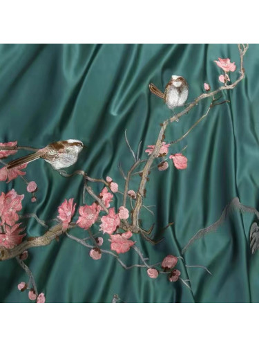 QYHL225DS Silver Beach Embroidered Birds On The Branch Faux Silk Fabric Samples