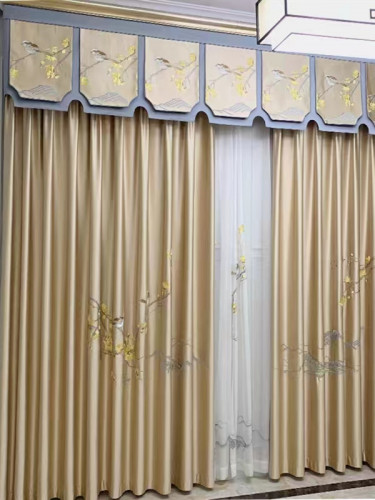 QYHL225DA Silver Beach Embroidered Birds On The Branch Faux Silk Pleated Ready Made Curtains