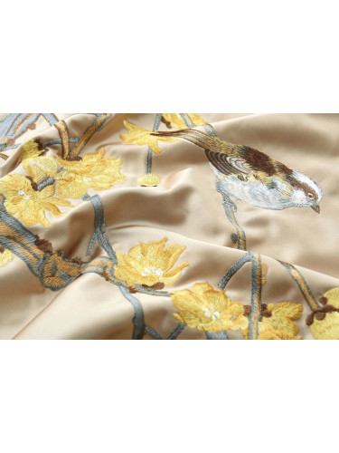 QYHL225DS Silver Beach Embroidered Birds On The Branch Faux Silk Fabric Samples