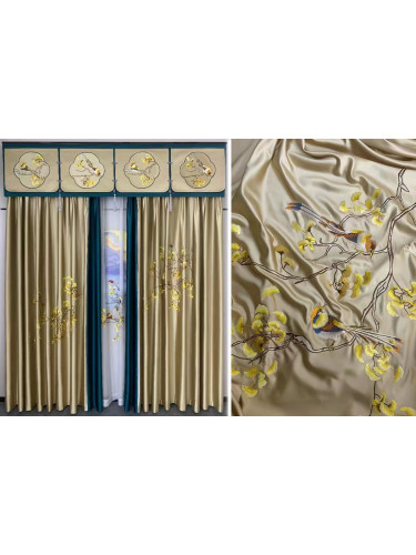 QYHL225EA Silver Beach Embroidered Annunciation Birds Faux Silk Pleated Ready Made Curtains