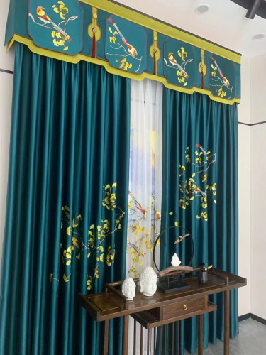 QYHL225F Silver Beach Embroidered Annunciation Birds Blue Faux Silk Custom Made Curtains