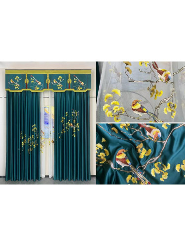 QYHL225EA Silver Beach Embroidered Annunciation Birds Faux Silk Pleated Ready Made Curtains