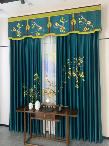 QYHL225F Silver Beach Embroidered Annunciation Birds Blue Faux Silk Custom Made Curtains