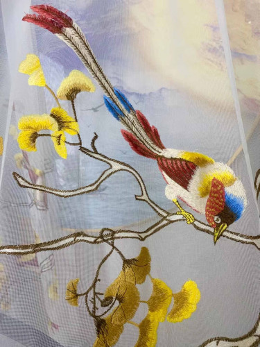QYHL225F Silver Beach Embroidered Annunciation Birds Blue Faux Silk Custom Made Curtains
