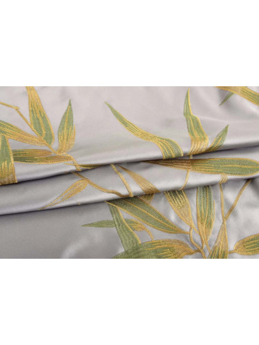 QYHL225G Silver Beach Embroidered Chinese Lucky Bamboo Grey Faux Silk Custom Made Curtains