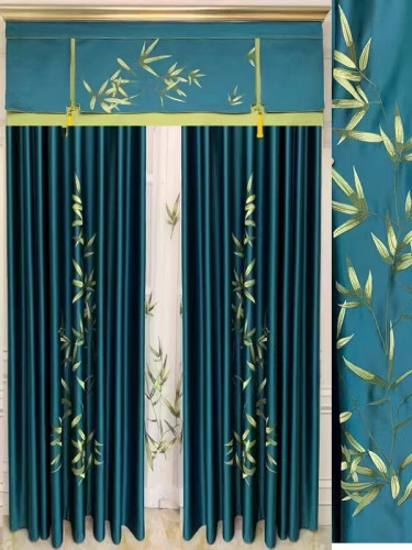 QYHL225GA Silver Beach Embroidered Chinese Lucky Bamboo Faux Silk Pleated Ready Made Curtains