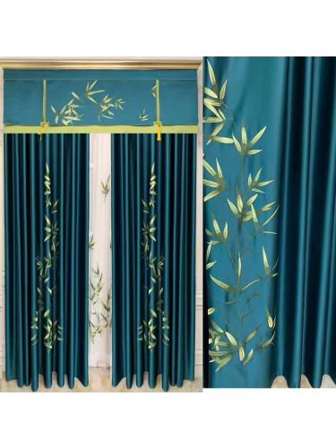 QYHL225G Silver Beach Embroidered Chinese Lucky Bamboo Grey Faux Silk Custom Made Curtains