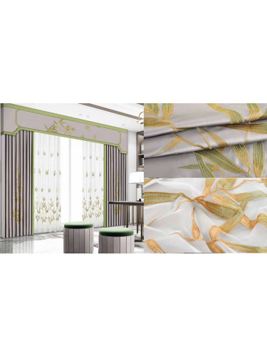 QYHL225GA Silver Beach Embroidered Chinese Lucky Bamboo Faux Silk Pleated Ready Made Curtains