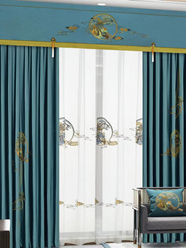 QYHL225HA Silver Beach Embroidered Chinese Royal Courtyard Faux Silk Pleated Ready Made Curtains