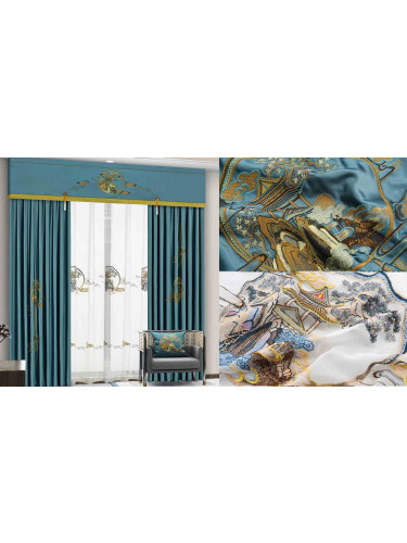 QYHL225H Silver Beach Embroidered Chinese Royal Courtyard Blue Faux Silk Custom Made Curtains