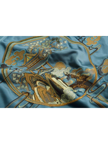QYHL225H Silver Beach Embroidered Chinese Royal Courtyard Blue Faux Silk Custom Made Curtains