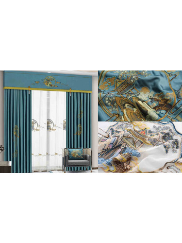 QYHL225HA Silver Beach Embroidered Chinese Royal Courtyard Faux Silk Pleated Ready Made Curtains