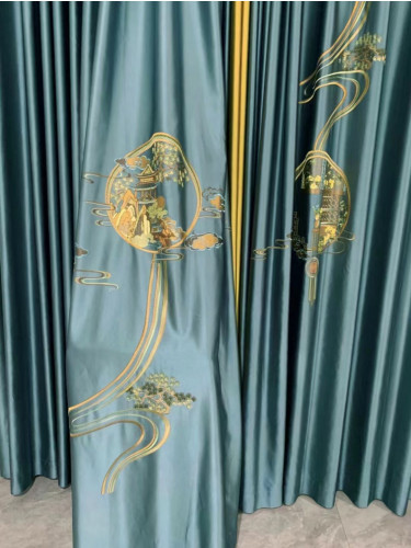 QYHL225H Silver Beach Embroidered Chinese Royal Courtyard Blue Faux Silk Custom Made Curtains