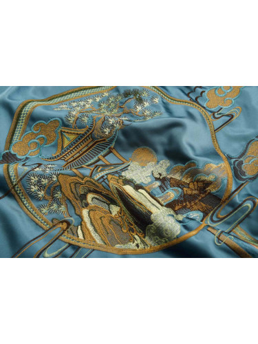 QYHL225HA Silver Beach Embroidered Chinese Royal Courtyard Faux Silk Pleated Ready Made Curtains