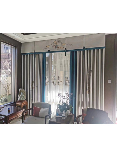 QYHL225H Silver Beach Embroidered Chinese Royal Courtyard Blue Faux Silk Custom Made Curtains