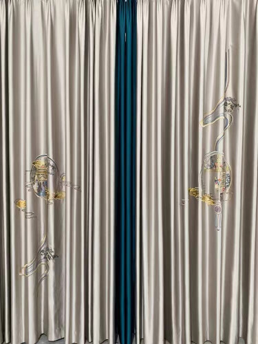 QYHL225H Silver Beach Embroidered Chinese Royal Courtyard Blue Faux Silk Custom Made Curtains