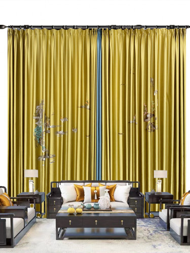 QYHL225IA Silver Beach Embroidered Picturesque Gold Blue Grey Faux Pleated Ready Made Curtains