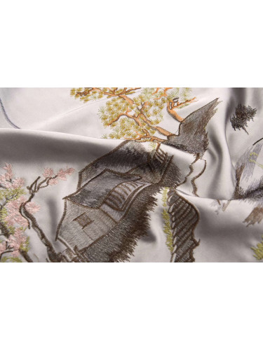 QYHL225IA Silver Beach Embroidered Picturesque Gold Blue Grey Faux Pleated Ready Made Curtains