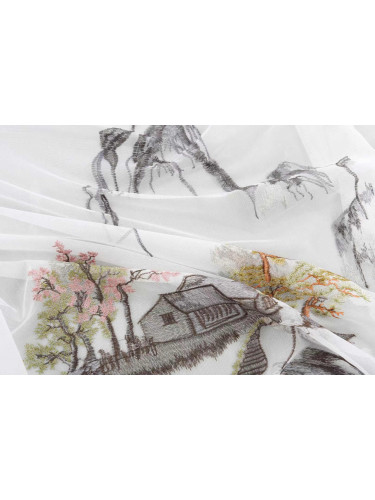 QYHL225I Silver Beach Embroidered Picturesque Grey Faux Silk Custom Made Curtains