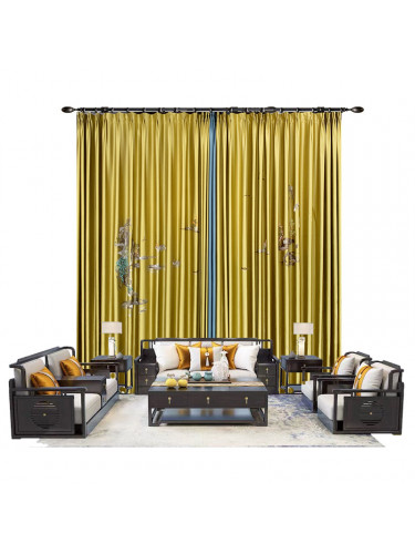 QYHL225I Silver Beach Embroidered Picturesque Gold Blue Grey Faux Silk Custom Made Curtains