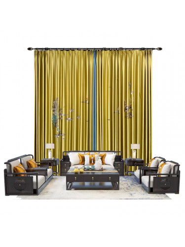 QYHL225IA Silver Beach Embroidered Picturesque Gold Blue Grey Faux Pleated Ready Made Curtains