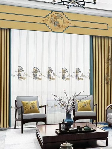 QYHL225K Silver Beach Embroidered Chinese Royal Courtyard Gold Faux Silk Custom Made Curtains