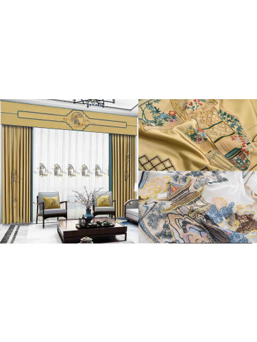 QYHL225K Silver Beach Embroidered Chinese Royal Courtyard Gold Faux Silk Custom Made Curtains