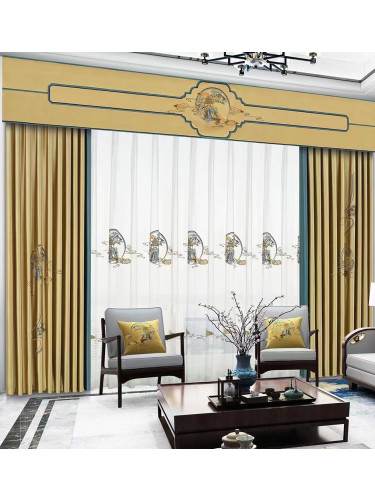 QYHL225K Silver Beach Embroidered Chinese Royal Courtyard Gold Faux Silk Custom Made Curtains(Color: Gold)