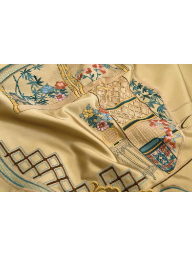 QYHL225K Silver Beach Embroidered Chinese Royal Courtyard Gold Faux Silk Custom Made Curtains