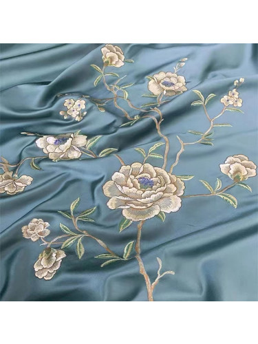 QYHL225LS Silver Beach Embroidered Beautiful Hibiscus Flowers Blue Faux Silk Fabric Samples