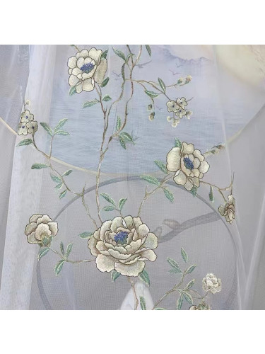 QYHL225L Silver Beach Embroidered Beautiful Hibiscus Flowers Blue Faux Silk Custom Made Curtains