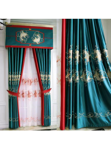 QYHL225M Silver Beach Embroidered Carp Jumping In The Water Blue Gold Faux Silk Custom Made Curtains