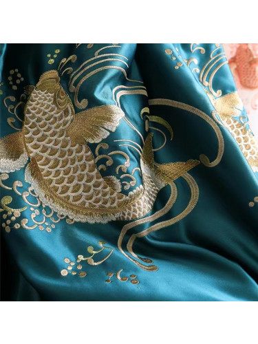 QYHL225M Silver Beach Embroidered Carp Jumping In The Water Blue Gold Faux Silk Custom Made Curtains(Color: Blue)