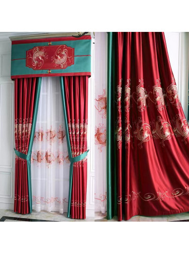 QYHL225MA Silver Beach Embroidered Chinese Carp Jumping In The Water Faux Silk Pleated Ready Made Curtains