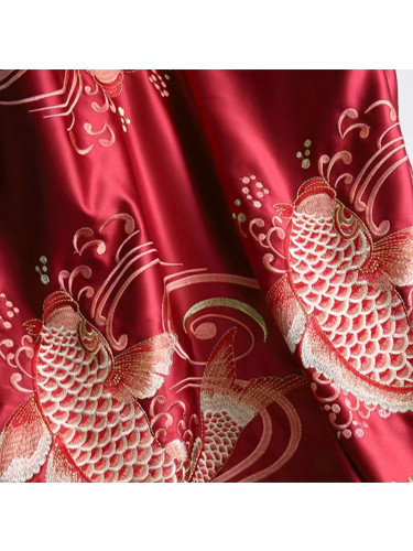 QYHL225MS Silver Beach Embroidered Chinese Carp Jumping In The Water Blue Gold Red Faux Silk Fabric Samples(Color: Red)