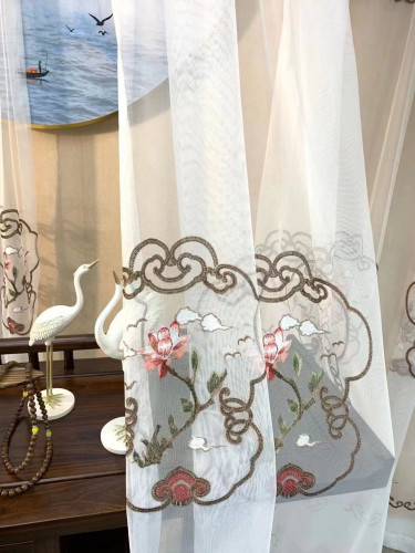 QYHL225O Silver Beach Embroidered Lotus Pale Pinkish Grey Faux Silk Custom Made Curtains