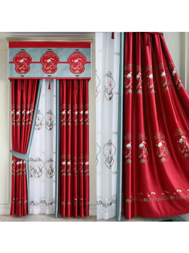 QYHL225P Silver Beach Embroidered Lotus Red Faux Silk Custom Made Curtains(Color: Red)