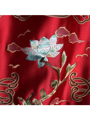 QYHL225PA Silver Beach Embroidered Lotus Red Blue Faux Silk Pleated Ready Made Curtains