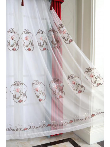 QYHL225P Silver Beach Embroidered Lotus Red Faux Silk Custom Made Curtains