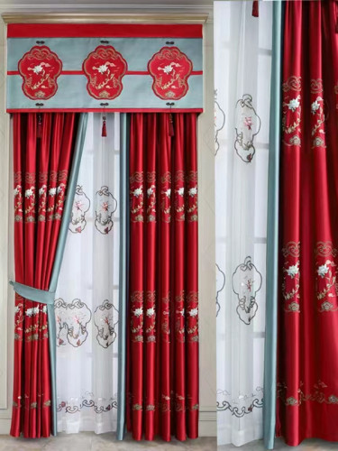 QYHL225PA Silver Beach Embroidered Lotus Red Blue Faux Silk Pleated Ready Made Curtains