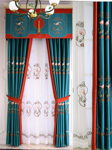 QYHL225P Silver Beach Embroidered Lotus Red Blue Faux Silk Custom Made Curtains(Color: Blue)