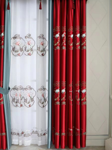 QYHL225PA Silver Beach Embroidered Lotus Red Blue Faux Silk Pleated Ready Made Curtains(Color: Red)