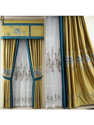 QYHL225TA Silver Beach Embroidered Blooming Flowers Blue Yellow Pleated Ready Made Curtains