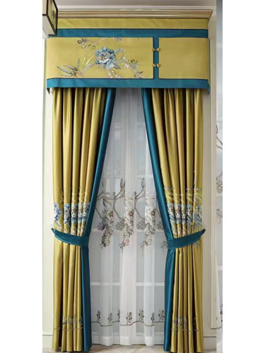 QYHL225Q Silver Beach Embroidered Blooming Flowers Yellow Faux Silk Custom Made Curtains