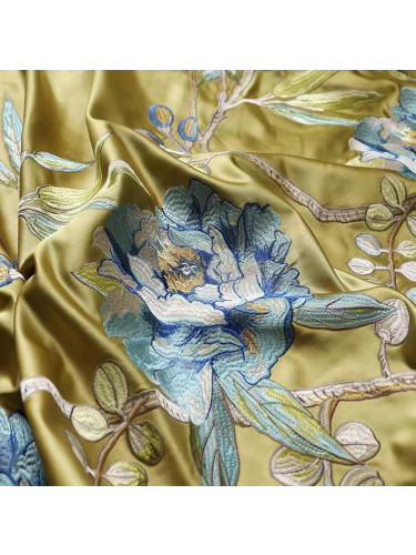 QYHL225Q Silver Beach Embroidered Blooming Flowers Yellow Faux Silk Custom Made Curtains