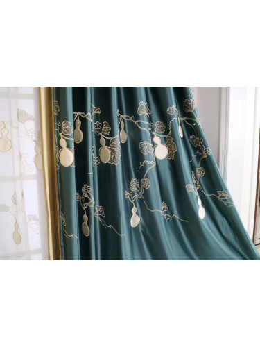 QYHL225S Silver Beach Embroidered Gourd Blue Faux Silk Custom Made Curtains