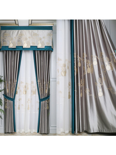 QYHL225SA Silver Beach Embroidered Gourd Blue Grey Faux Silk Pleated Ready Made Curtains